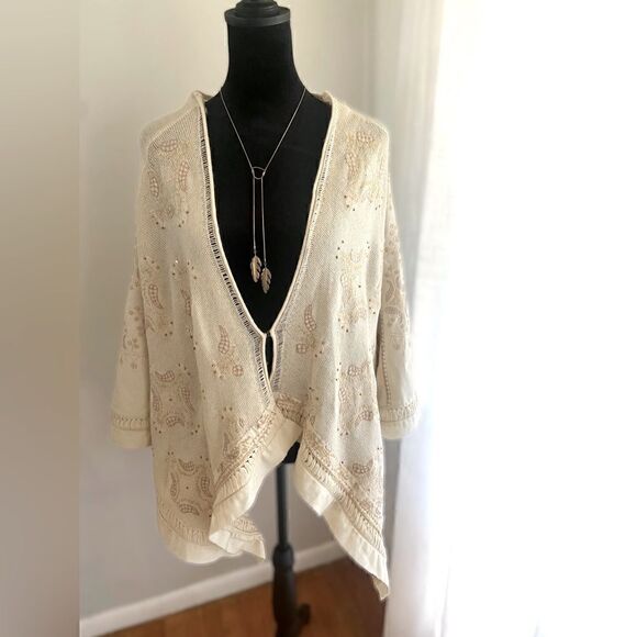 Free People Embroidered Beaded Wool Blend Cardigan Shawl Kimono Size XS - Picture 2 of 16